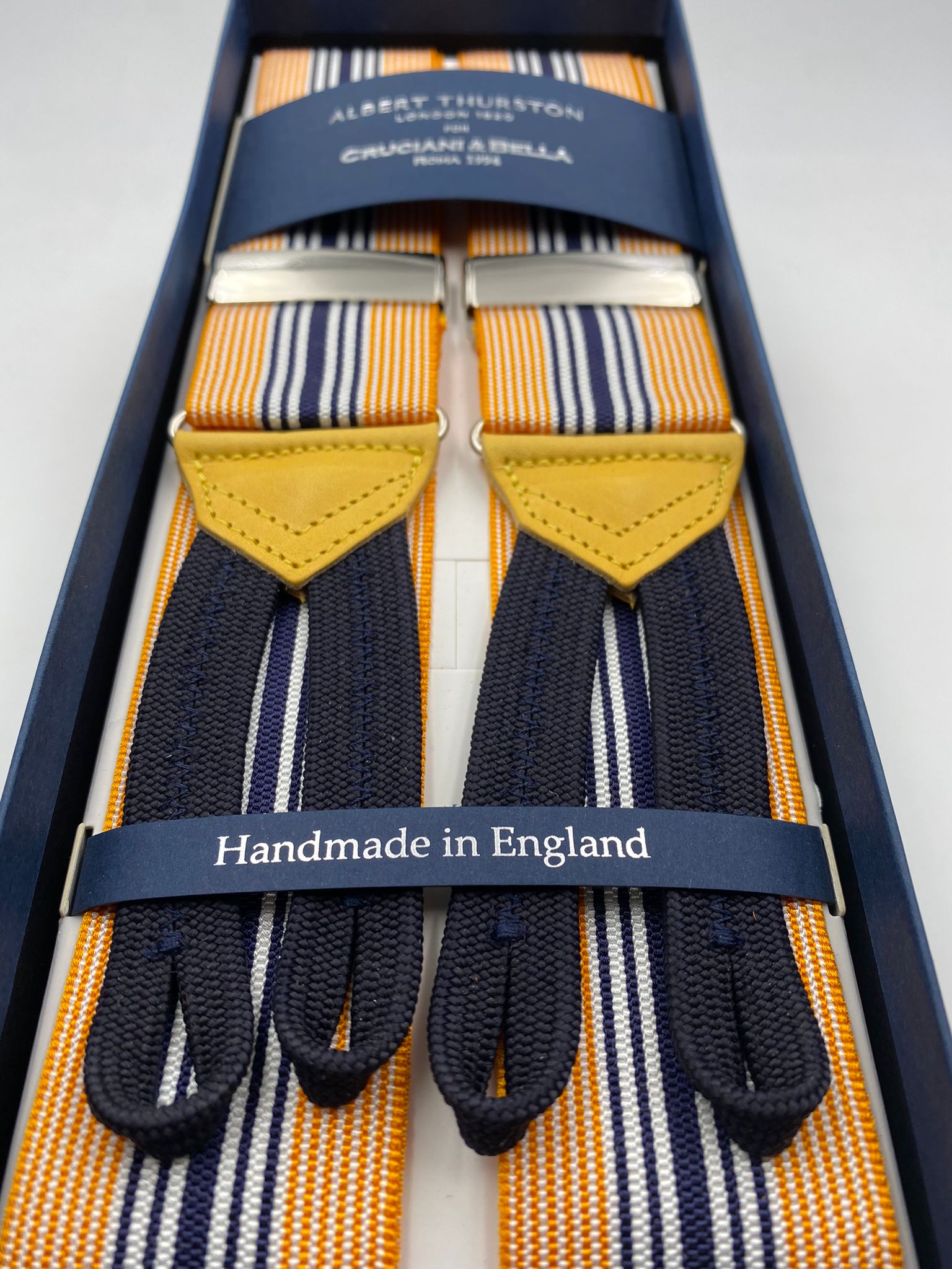 Albert Thurston for Cruciani & Bella Made in England Adjustable Sizing 40 mm Woven Barathea  Orange, Blue and White Stripes Braces Braid ends Y-Shaped Nickel Fittings Size: XL #5653