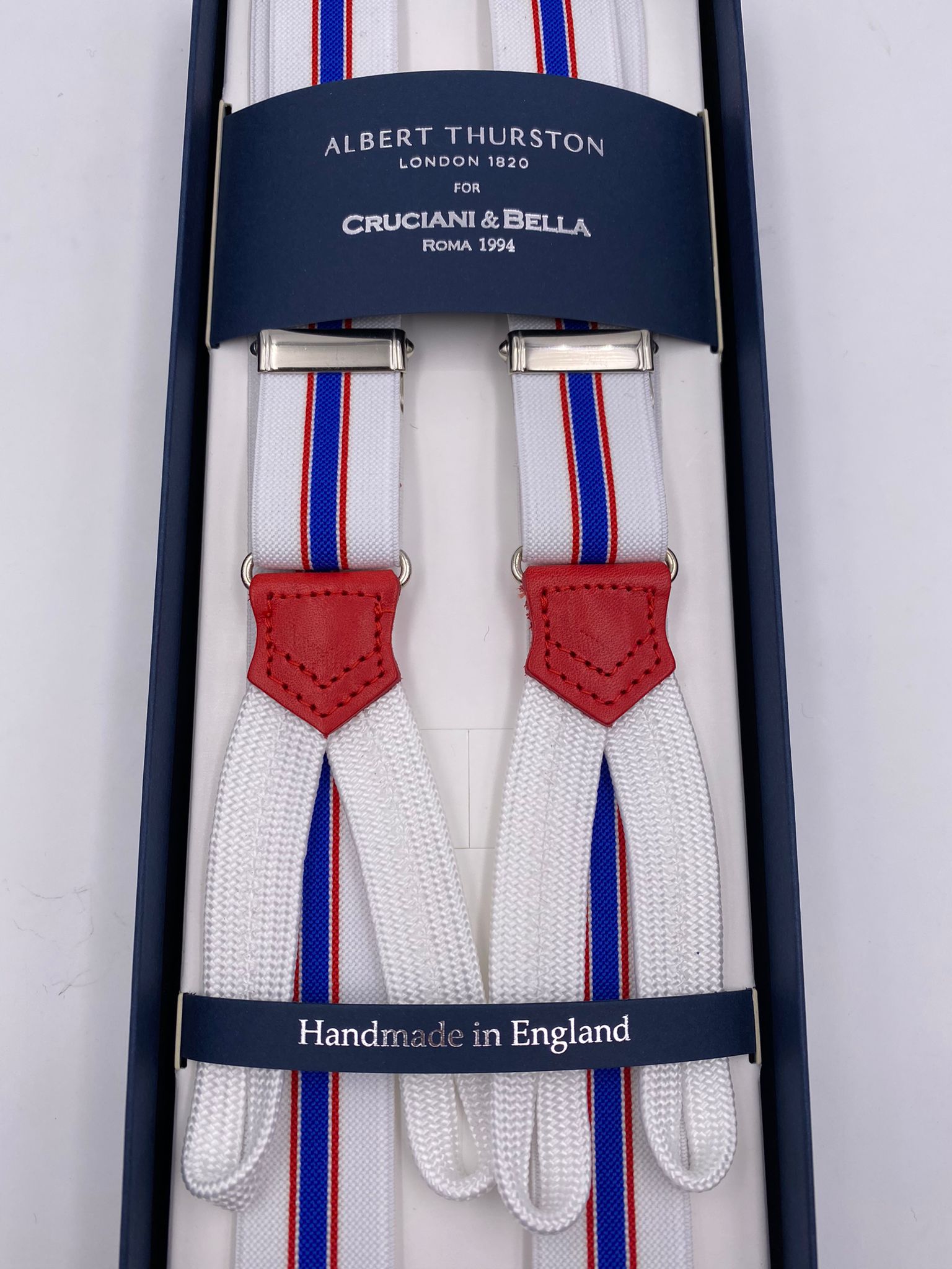 Albert Thurston for Cruciani & Bella Made in England Adjustable Sizing 25 mm elastic braces White, Light Blue and Red Stripes Braid ends Y-Shaped Nickel Fittings Size: L #5662