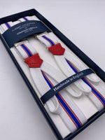 Albert Thurston for Cruciani & Bella Made in England Adjustable Sizing 25 mm elastic braces White, Light Blue and Red Stripes Braid ends Y-Shaped Nickel Fittings Size: L #5662