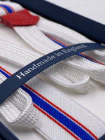 Albert Thurston for Cruciani & Bella Made in England Adjustable Sizing 25 mm elastic braces White, Light Blue and Red Stripes Braid ends Y-Shaped Nickel Fittings Size: L #5662