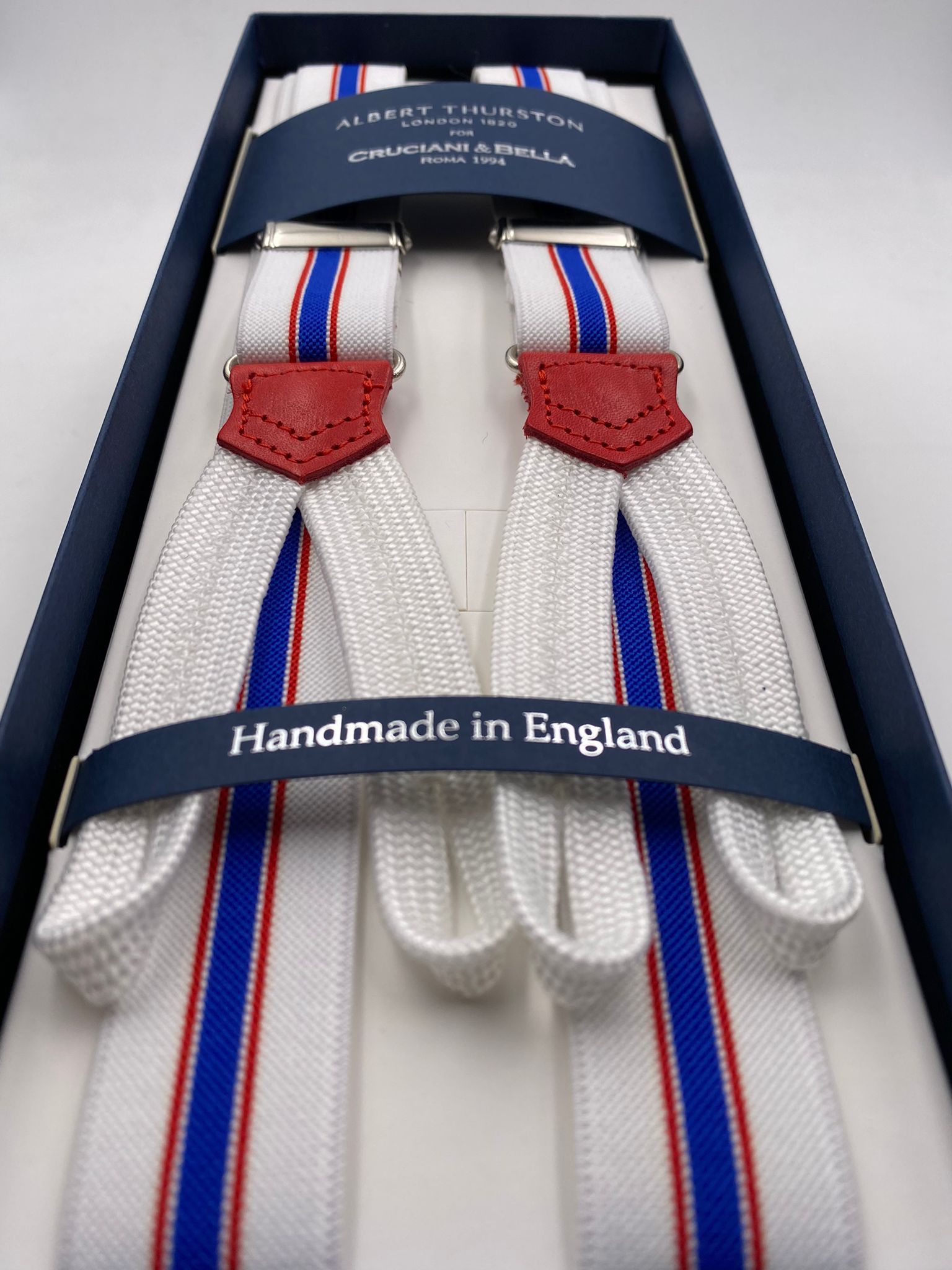 Albert Thurston for Cruciani & Bella Made in England Adjustable Sizing 25 mm elastic braces White, Light Blue and Red Stripes Braid ends Y-Shaped Nickel Fittings Size: L #5662