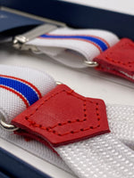Albert Thurston for Cruciani & Bella Made in England Adjustable Sizing 25 mm elastic braces White, Light Blue and Red Stripes Braid ends Y-Shaped Nickel Fittings Size: L #5662