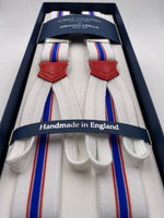 Albert Thurston for Cruciani & Bella Made in England Adjustable Sizing 25 mm elastic braces White, Light Blue and Red Stripes Braid ends Y-Shaped Nickel Fittings Size: L #5662