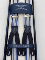 Albert Thurston for Cruciani & Bella Made in England Adjustable Sizing 25 mm elastic braces Blue, Grey and White Stripes Braid ends Y-Shaped Nickel Fittings Size: L #5666