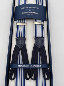 Albert Thurston for Cruciani & Bella Made in England Adjustable Sizing 25 mm elastic braces Blue, Grey and White Stripes Braid ends Y-Shaped Nickel Fittings Size: L #5666