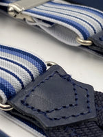 Albert Thurston for Cruciani & Bella Made in England Adjustable Sizing 25 mm elastic braces Blue, Grey and White Stripes Braid ends Y-Shaped Nickel Fittings Size: L #5666