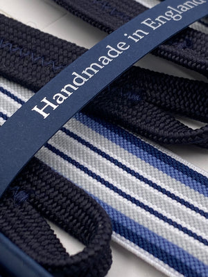Albert Thurston for Cruciani & Bella Made in England Adjustable Sizing 25 mm elastic braces Blue, Grey and White Stripes Braid ends Y-Shaped Nickel Fittings Size: L #5666