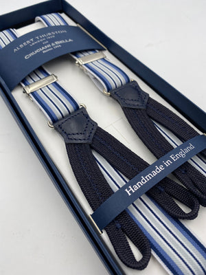 Albert Thurston for Cruciani & Bella Made in England Adjustable Sizing 25 mm elastic braces Blue, Grey and White Stripes Braid ends Y-Shaped Nickel Fittings Size: L #5666