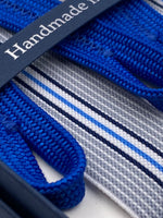 Albert Thurston for Cruciani & Bella Made in England Adjustable Sizing 25 mm elastic braces Grey, Blue and White Stripes Braid ends Y-Shaped Nickel Fittings Size: L #5667