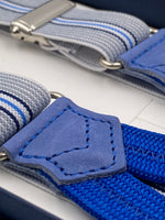 Albert Thurston for Cruciani & Bella Made in England Adjustable Sizing 25 mm elastic braces Grey, Blue and White Stripes Braid ends Y-Shaped Nickel Fittings Size: L #5667