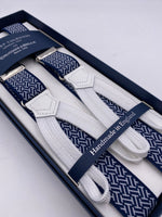 Albert Thurston for Cruciani & Bella Made in England Adjustable Sizing 25 mm elastic braces Blue and White Optical Pattern Braid ends Y-Shaped Nickel Fittings Size: L #5669