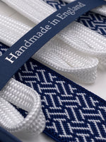 Albert Thurston for Cruciani & Bella Made in England Adjustable Sizing 25 mm elastic braces Blue and White Optical Pattern Braid ends Y-Shaped Nickel Fittings Size: L #5669