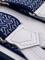 Albert Thurston for Cruciani & Bella Made in England Adjustable Sizing 25 mm elastic braces Blue and White Optical Pattern Braid ends Y-Shaped Nickel Fittings Size: L #5669