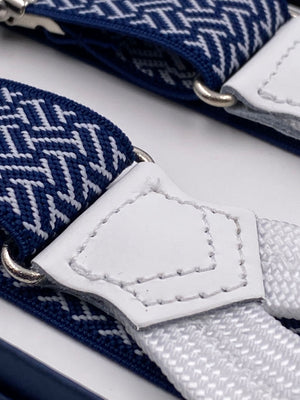 Albert Thurston for Cruciani & Bella Made in England Adjustable Sizing 25 mm elastic braces Blue and White Optical Pattern Braid ends Y-Shaped Nickel Fittings Size: L #5669