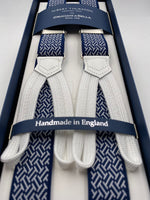 Albert Thurston for Cruciani & Bella Made in England Adjustable Sizing 25 mm elastic braces Blue and White Optical Pattern Braid ends Y-Shaped Nickel Fittings Size: L #5669