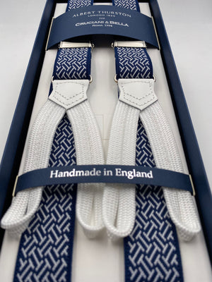 Albert Thurston for Cruciani & Bella Made in England Adjustable Sizing 25 mm elastic braces Blue and White Optical Pattern Braid ends Y-Shaped Nickel Fittings Size: L #5669