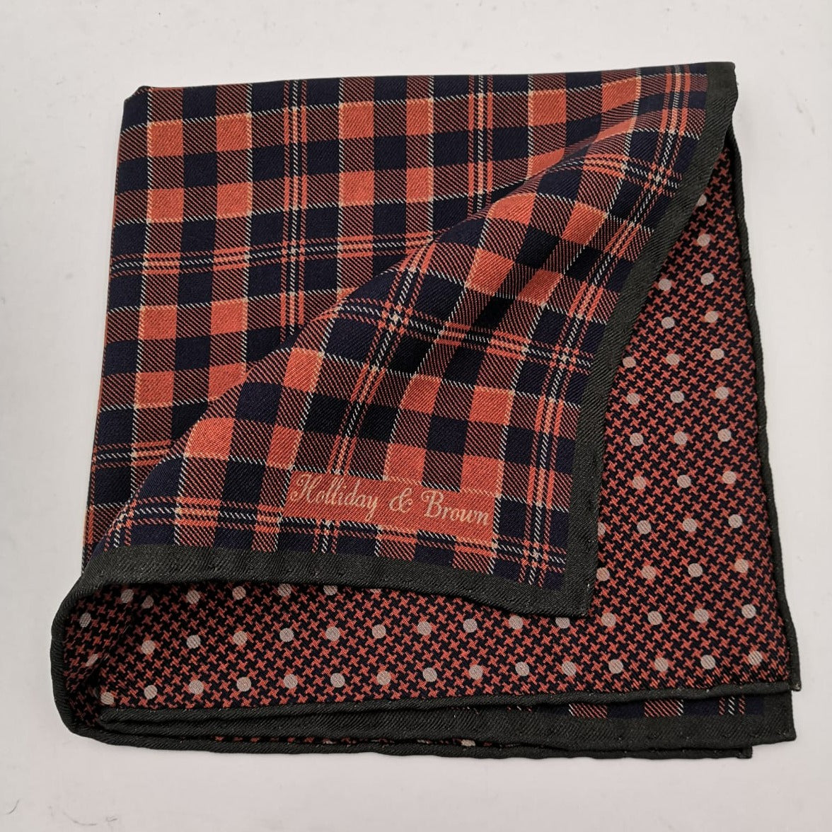 Holliday & Brown for Cruciani & Bella 100% Silk Hand-rolled   Orange Blue and Green Double Faces Patterned  Motif  Pocket Square Handmade in Italy 32 cm X 32 cm #5773