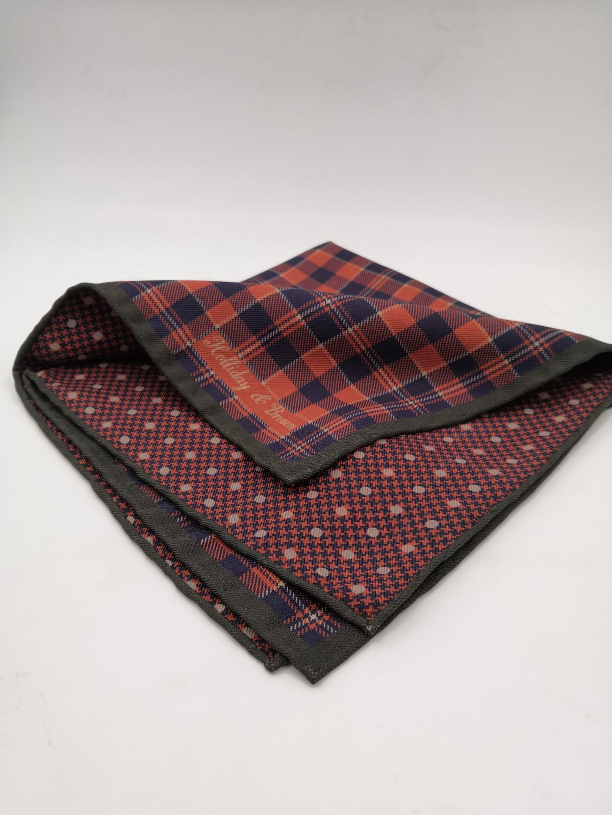Holliday & Brown for Cruciani & Bella 100% Silk Hand-rolled   Orange Blue and Green Double Faces Patterned  Motif  Pocket Square Handmade in Italy 32 cm X 32 cm #5773