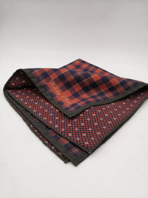 Holliday & Brown for Cruciani & Bella 100% Silk Hand-rolled   Orange Blue and Green Double Faces Patterned  Motif  Pocket Square Handmade in Italy 32 cm X 32 cm #5773