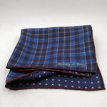Holliday & Brown Hand-rolled   Holliday & Brown for Cruciani & Bella 100% Silk Blue Light Blue and Brown Double Faces Patterned  Motif  Pocket Square Handmade in Italy 32 cm X 32 cm #5771