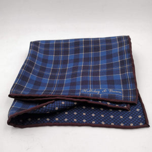 Holliday & Brown Hand-rolled   Holliday & Brown for Cruciani & Bella 100% Silk Blue Light Blue and Brown Double Faces Patterned  Motif  Pocket Square Handmade in Italy 32 cm X 32 cm #5771