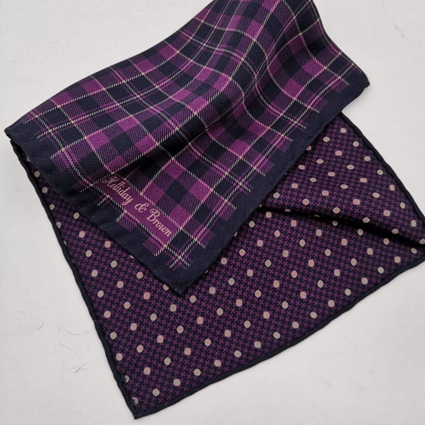 Holliday & Brown Hand-rolled   Holliday & Brown for Cruciani & Bella 100% Silk Blue and Purple Double Faces Patterned  Motif  Pocket Square Handmade in Italy 32 cm X 32 cm #5774