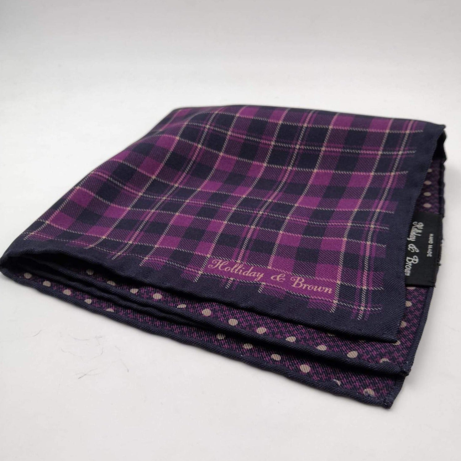 Holliday & Brown Hand-rolled   Holliday & Brown for Cruciani & Bella 100% Silk Blue and Purple Double Faces Patterned  Motif  Pocket Square Handmade in Italy 32 cm X 32 cm #5774