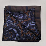 Holliday & Brown Hand-rolled   Holliday & Brown for Cruciani & Bella 100% Silk Brown and Blue Double Faces Patterned  Motif  Pocket Square Handmade in Italy 32 cm X 32 cm #5768
