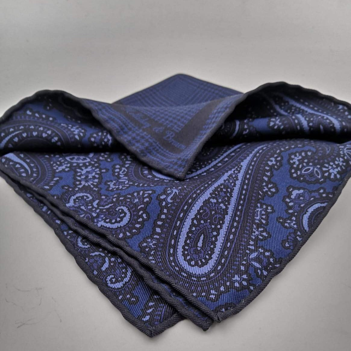 Holliday & Brown Hand-rolled   Holliday & Brown for Cruciani & Bella 100% Silk Dark Blue and Navy Blue Double Faces Patterned  Motif  Pocket Square Handmade in Italy 32 cm X 32 cm #5765