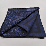 Holliday & Brown Hand-rolled   Holliday & Brown for Cruciani & Bella 100% Silk Dark Blue and Navy Blue Double Faces Patterned  Motif  Pocket Square Handmade in Italy 32 cm X 32 cm #5765