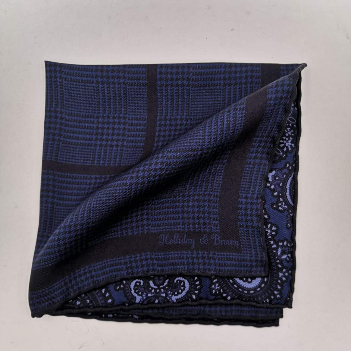 Holliday & Brown Hand-rolled   Holliday & Brown for Cruciani & Bella 100% Silk Dark Blue and Navy Blue Double Faces Patterned  Motif  Pocket Square Handmade in Italy 32 cm X 32 cm #5765