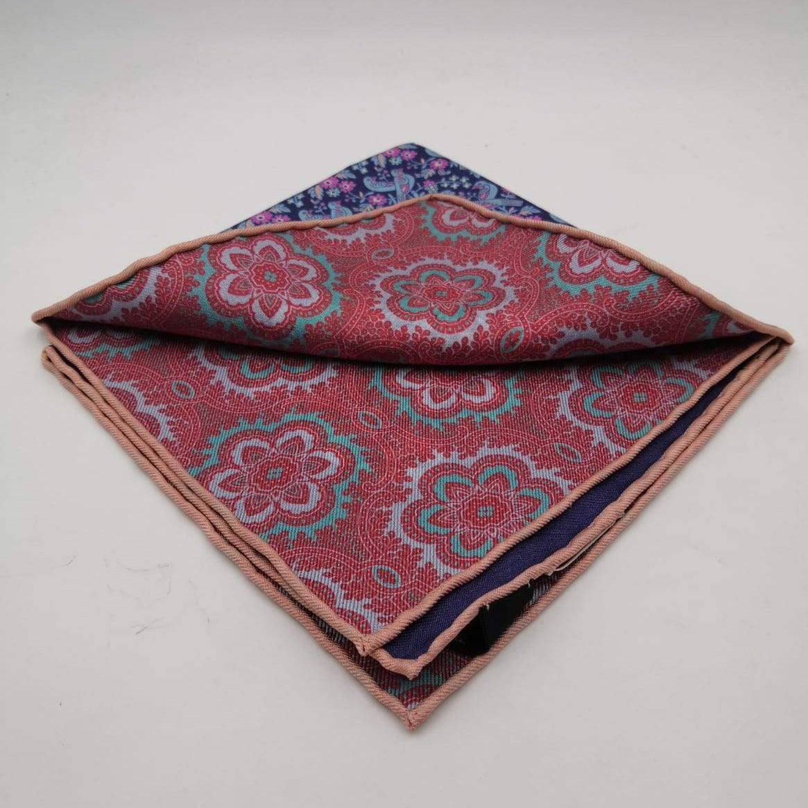 Cruciani & Bella Hand-rolled   100% Silk Blue and Pink Double Faces Patterned  Motif  Pocket Square Made in England 31 cm X 31 cm #5738