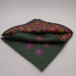Cruciani & Bella Hand-rolled   100% Silk Green,Red and Yellow Double Faces Patterned  Motif  Pocket Square Made in England 31 cm X 31 cm #5733