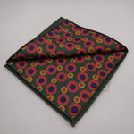 Cruciani & Bella Hand-rolled   100% Silk Green,Red and Yellow Double Faces Patterned  Motif  Pocket Square Made in England 31 cm X 31 cm #5733