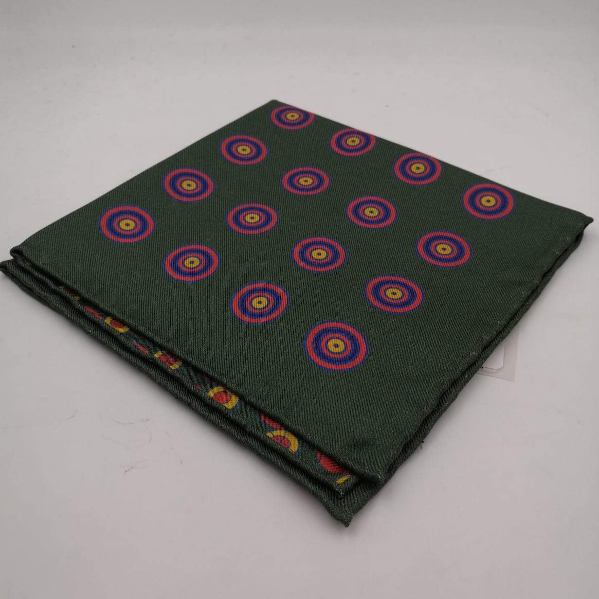 Cruciani & Bella Hand-rolled   100% Silk Green,Red and Yellow Double Faces Patterned  Motif  Pocket Square Made in England 31 cm X 31 cm #5733