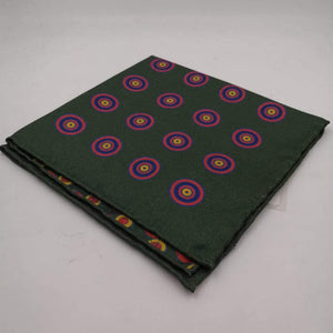 Cruciani & Bella Hand-rolled   100% Silk Green,Red and Yellow Double Faces Patterned  Motif  Pocket Square Made in England 31 cm X 31 cm #5733