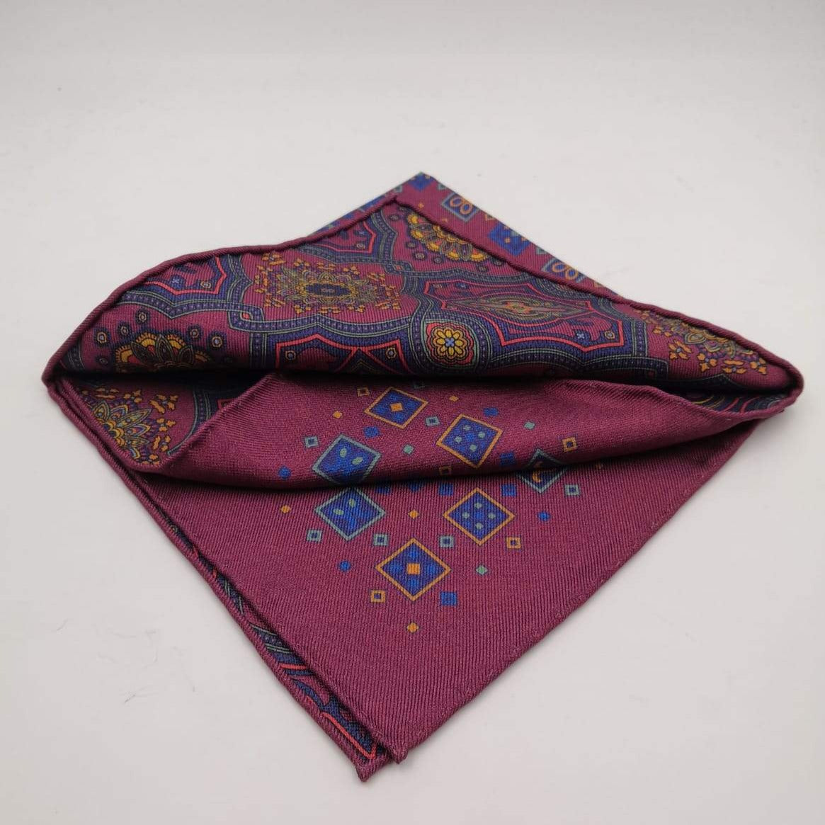 Cruciani & Bella Hand-rolled   100% Silk Purple and Blue Double Faces Patterned  Motif  Pocket Square Made in England 31 cm X 31 cm #5749