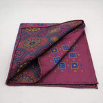 Cruciani & Bella Hand-rolled   100% Silk Purple and Blue Double Faces Patterned  Motif  Pocket Square Made in England 31 cm X 31 cm #5749