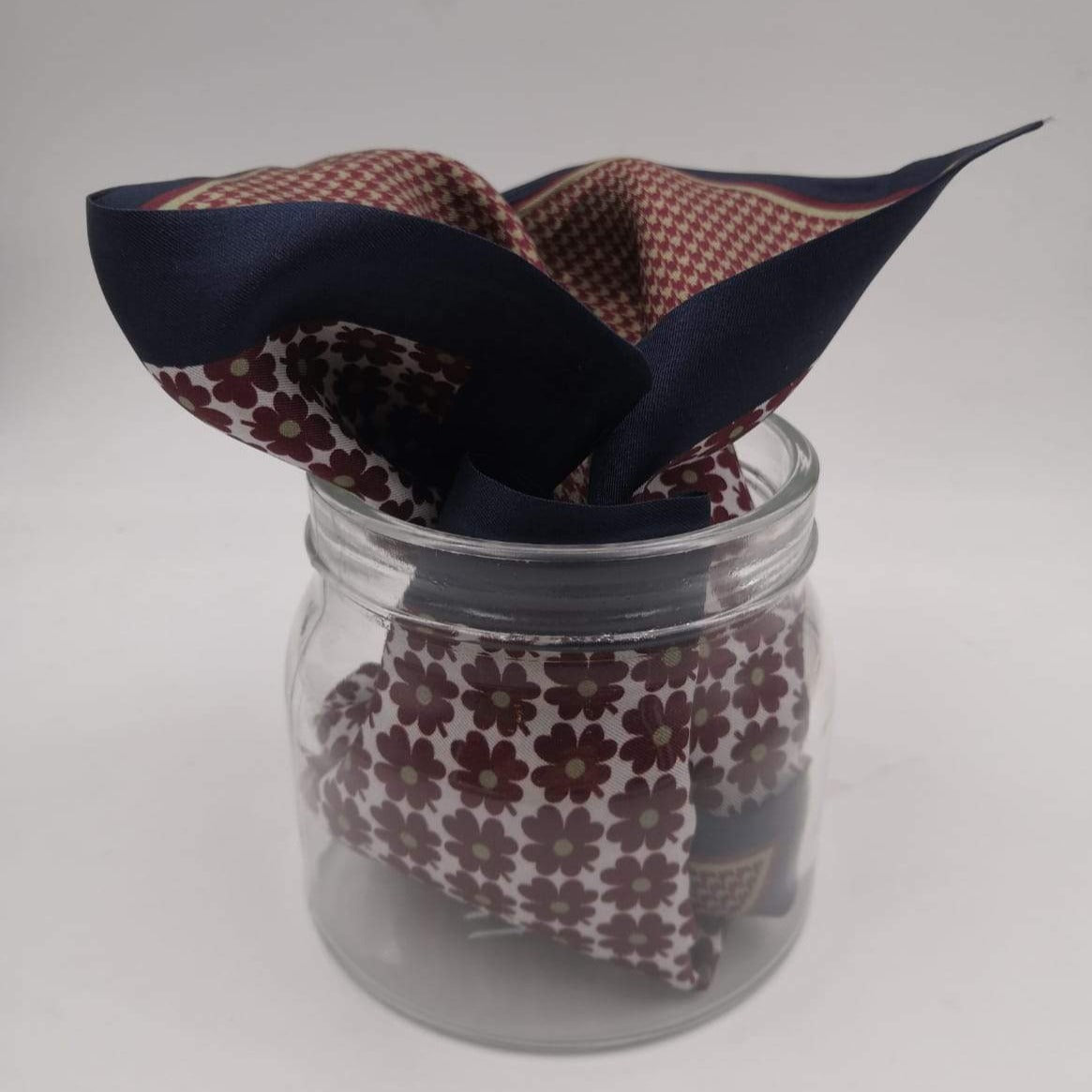 Cruciani & Bella 100% Silk Blue, White and Brown Double Floreal Motif Pocket Square Double Faces Made in Italy 33 cm X 33 cm #6153