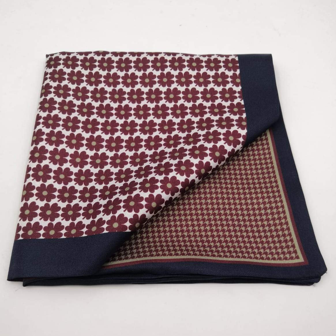 Cruciani & Bella 100% Silk Blue, White and Brown Double Floreal Motif Pocket Square Double Faces Made in Italy 33 cm X 33 cm #6153