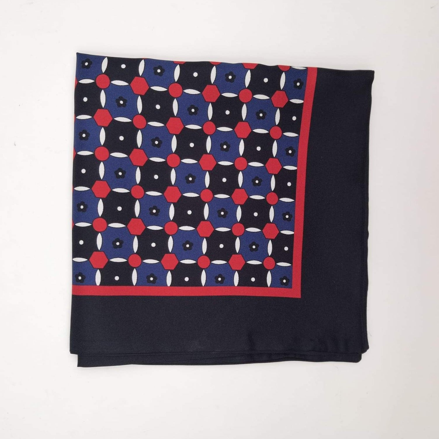 Cruciani & Bella 100% Silk Dark Blue ,Red and White Double Patterned Motif Poket Square Double Faces Made in Italy 33 cm X 33 cm #6151