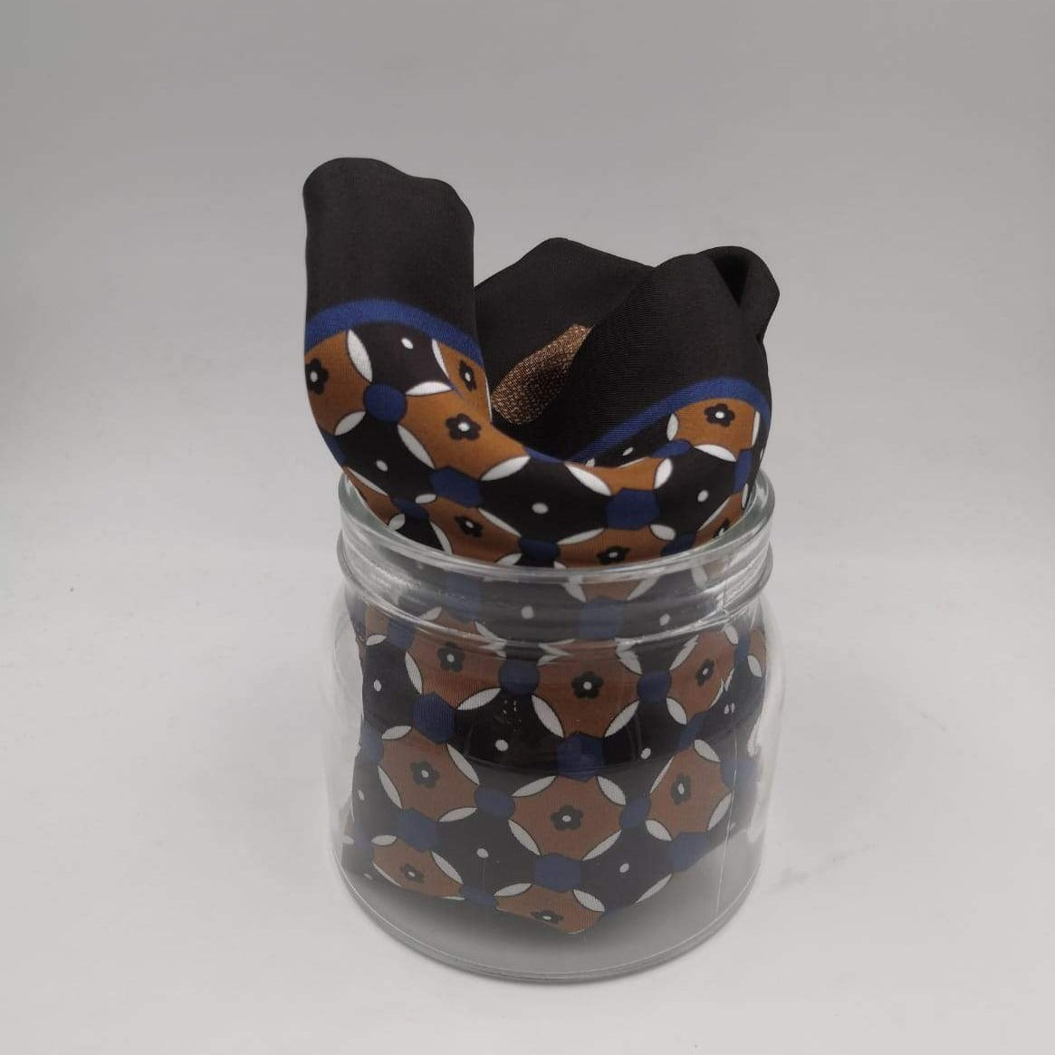 Cruciani & Bella 100% Silk Dark Brown, Light Brown, Blue and White Double Patterned Motif Poket Square Double Faces Made in Italy 33 cm X 33 cm #6149