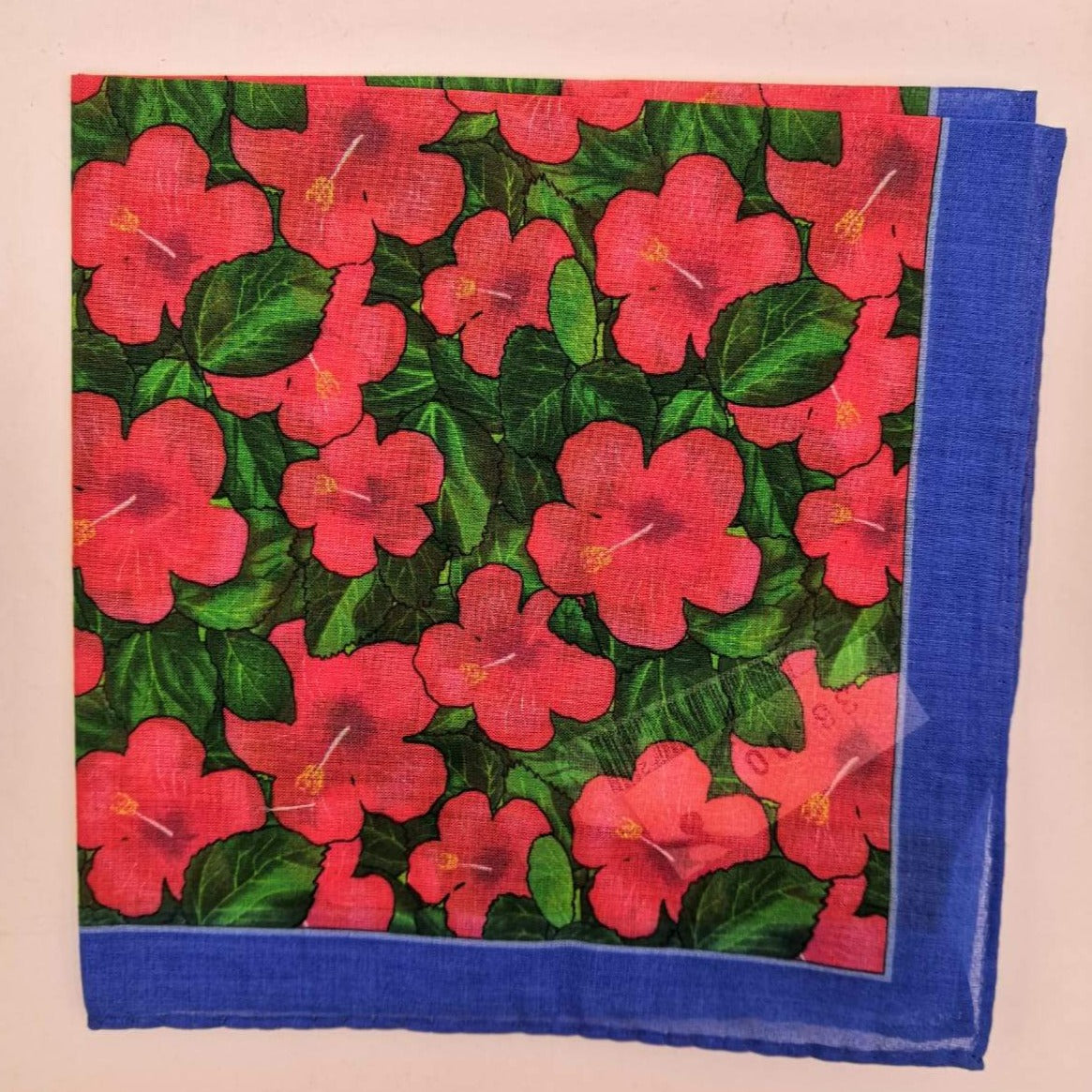 Cruciani & Bella Hand-rolled   Cotton100% Patterned Pocket Square Flower Motif Red,Green and Light Blue Made in Italy 33 cm X 33 cm #0725
