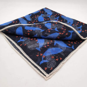 Drake's Hand-rolled   78% Cotton 20% Modal 2%Cachmere Motif Dolphine Poket Square Blue,Light Blue and Orange Made in Italy 42 cm X 42 cm #3087