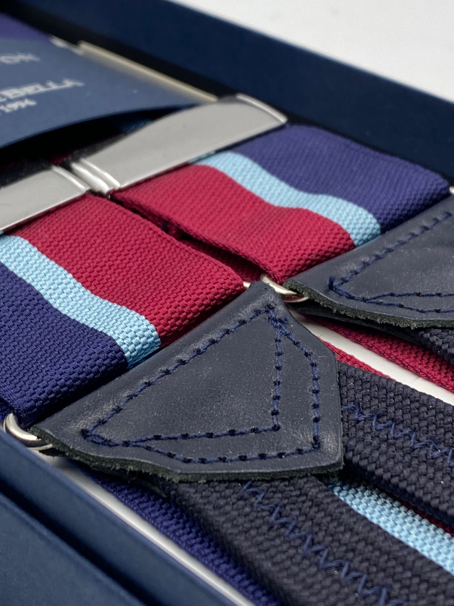Albert Thurston for Cruciani & Bella Made in England Adjustable Sizing 40 mm Woven Barathea  Blue, Sky Blue and Red Stripes Braces Braid ends Y-Shaped Nickel Fittings Size: XL #6201