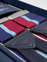 Albert Thurston for Cruciani & Bella Made in England Adjustable Sizing 40 mm Woven Barathea  Blue, Sky Blue and Red Stripes Braces Braid ends Y-Shaped Nickel Fittings Size: XL #6201