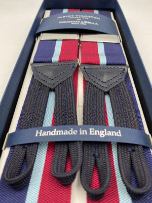 Albert Thurston for Cruciani & Bella Made in England Adjustable Sizing 40 mm Woven Barathea  Blue, Sky Blue and Red Stripes Braces Braid ends Y-Shaped Nickel Fittings Size: XL #6201