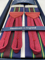 Albert Thurston for Cruciani & Bella Made in England Adjustable Sizing 40 mm Woven Barathea  Blue, Wine,Yellow and Green Stripes Braces Braid ends Y-Shaped Nickel Fittings Size: XL #6203