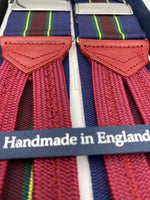 Albert Thurston for Cruciani & Bella Made in England Adjustable Sizing 40 mm Woven Barathea  Blue, Wine,Yellow and Green Stripes Braces Braid ends Y-Shaped Nickel Fittings Size: XL #6203