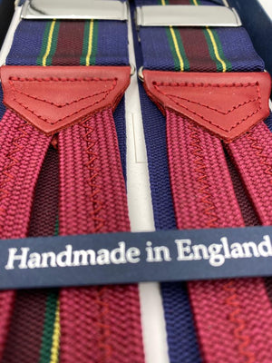 Albert Thurston for Cruciani & Bella Made in England Adjustable Sizing 40 mm Woven Barathea  Blue, Wine,Yellow and Green Stripes Braces Braid ends Y-Shaped Nickel Fittings Size: XL #6203